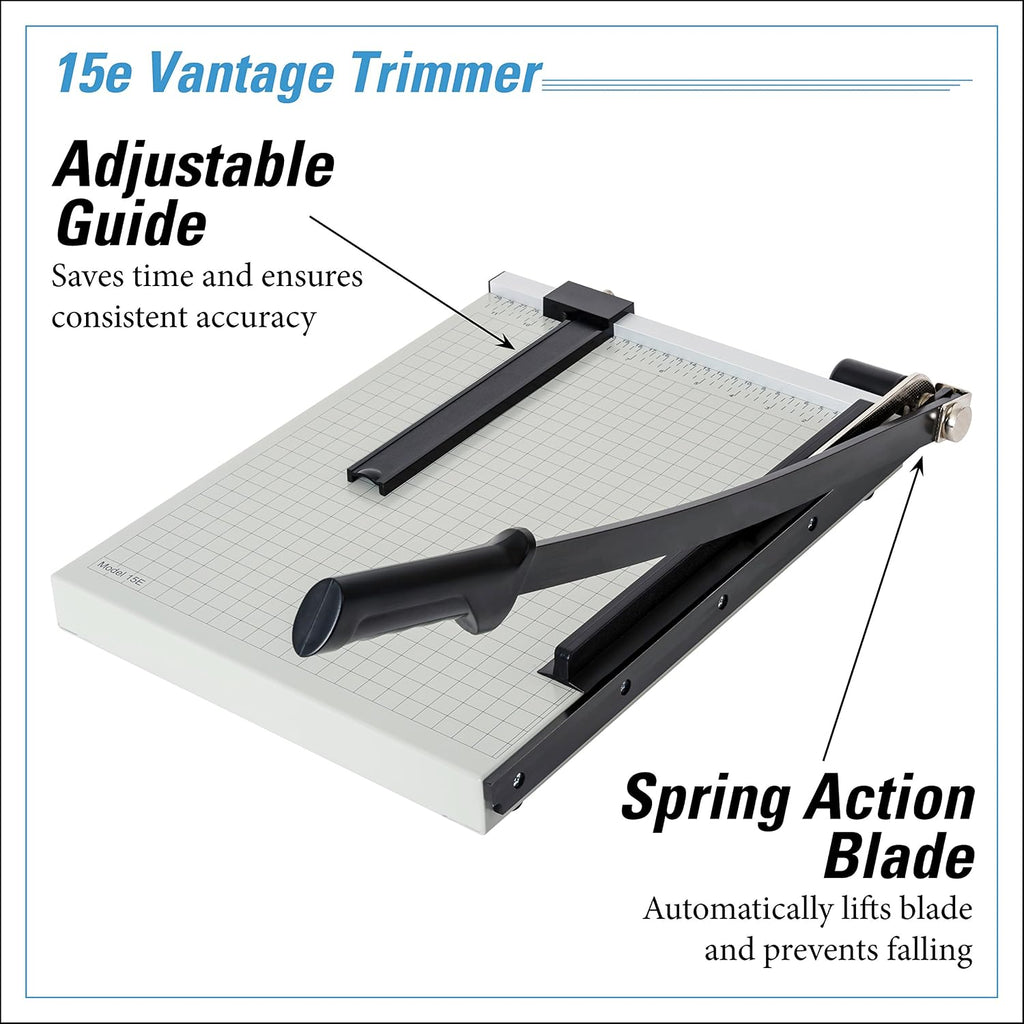 Dahle 15e Vantage Paper Trimmer, 15" Cut Length, 15 Sheet, Automatic Clamp, Adjustable Guide, Metal Base with 1/2" Gridlines, Guillotine Paper Cutter
