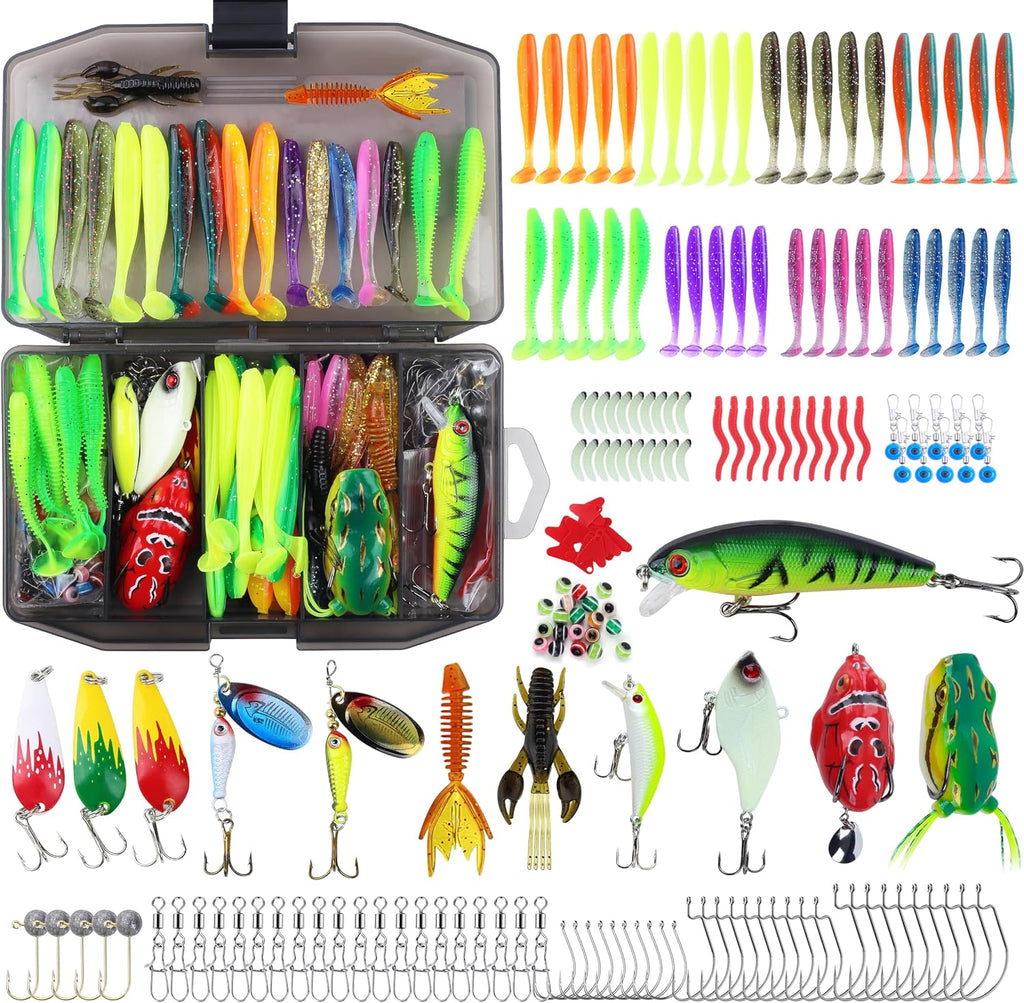 220 Pcs Fishing Lures Equipment Tackle Gear Box for Bass, Fish Kit with Soft Lures,Hooks, Accessories Tools,Frog,Worms,Plastic Bait, Swimbait,Crappie Jigs,Crankbaits, Gifts for Men