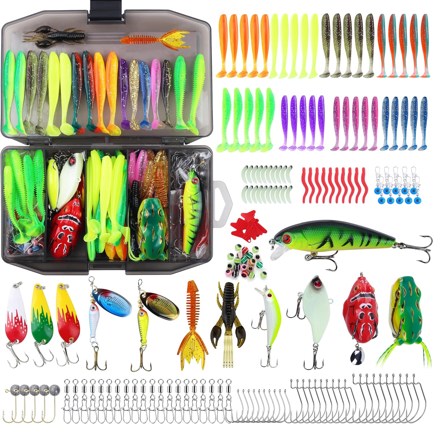 220 Pcs Fishing Lures Equipment Tackle Gear Box for Bass, Fish Kit with Soft Lures,Hooks, Accessories Tools,Frog,Worms,Plastic Bait, Swimbait,Crappie Jigs,Crankbaits, Gifts for Men