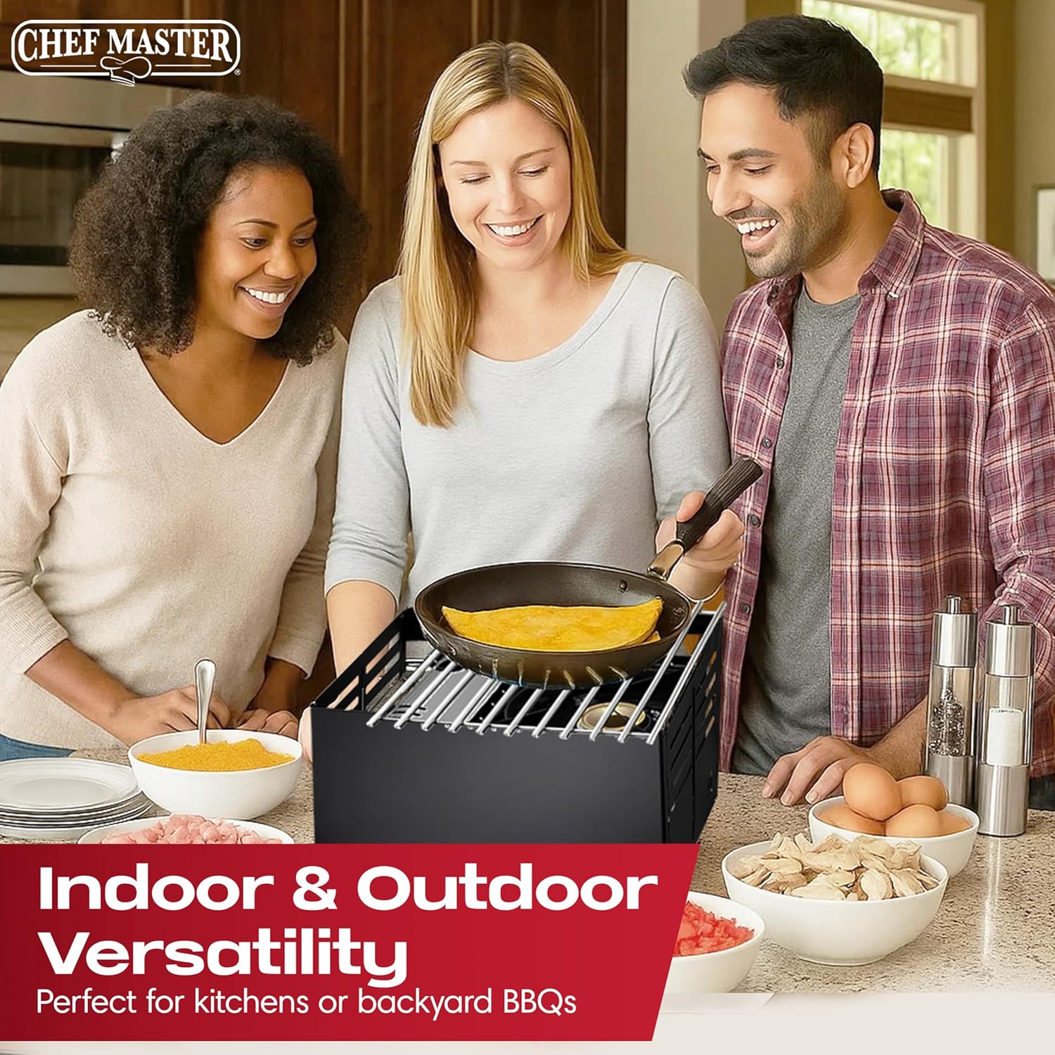 Chef Master Butane Stove Cover - Universal Fit for Any Standard Size - Premium Black Steel Collapsible Camp Wind Guard - Camping Windscreen & Grill Wind Blocker Panel - Outdoor Cooking Accessory 90278