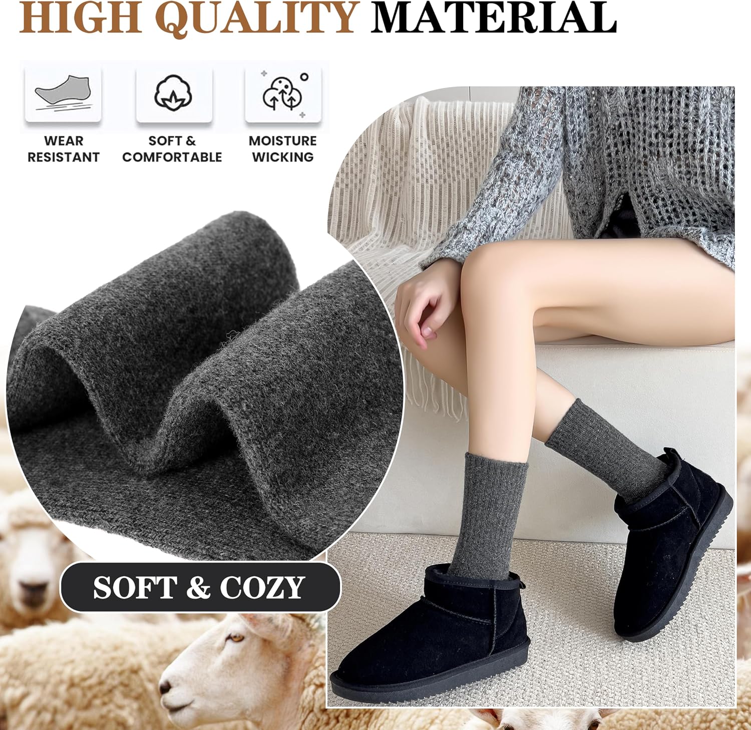 MOGGEI 5 Pairs Womens Merino Wool Socks Hiking Warm Winter Thick Thermal Crew Cozy Cabin Ladies Gift Comfy Boot Work Socks
