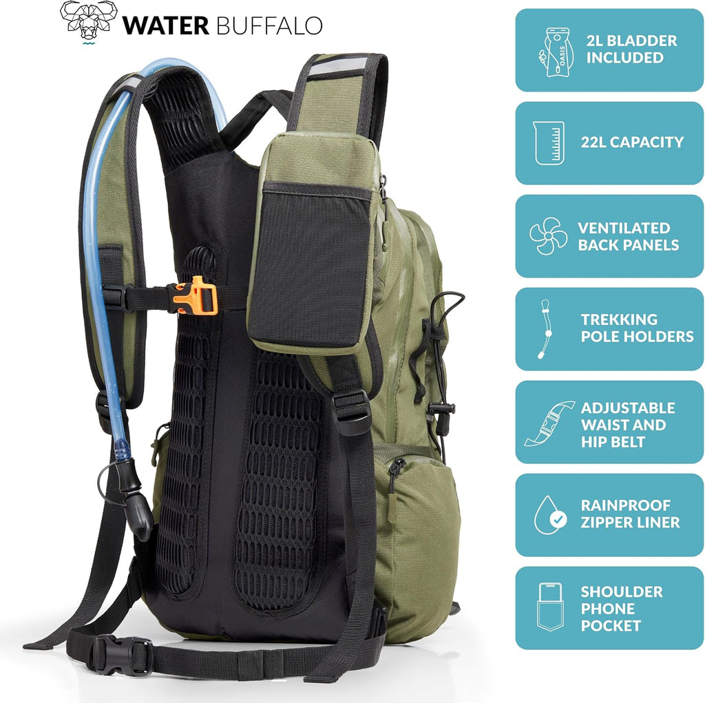 Water Buffalo Sherpa 22L Hiking Hydration Backpack, 2L Bladder