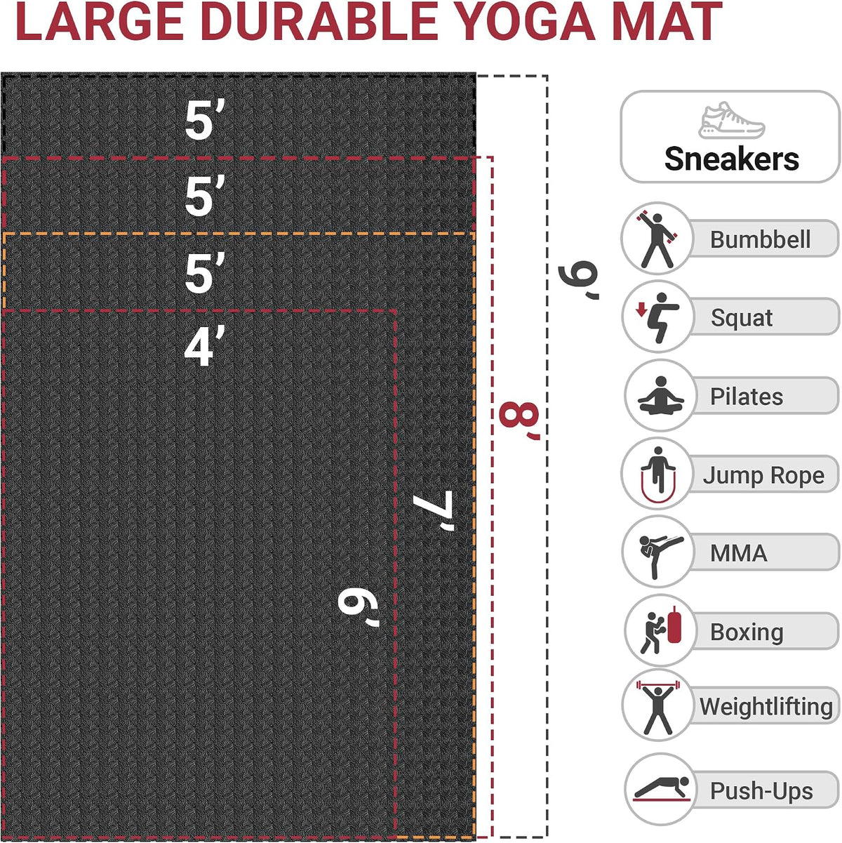 VTORY Extra Large Yoga Mat - 6'x4'/7'x5'/8'x5'/9'x5'x6mm (1/4inch)