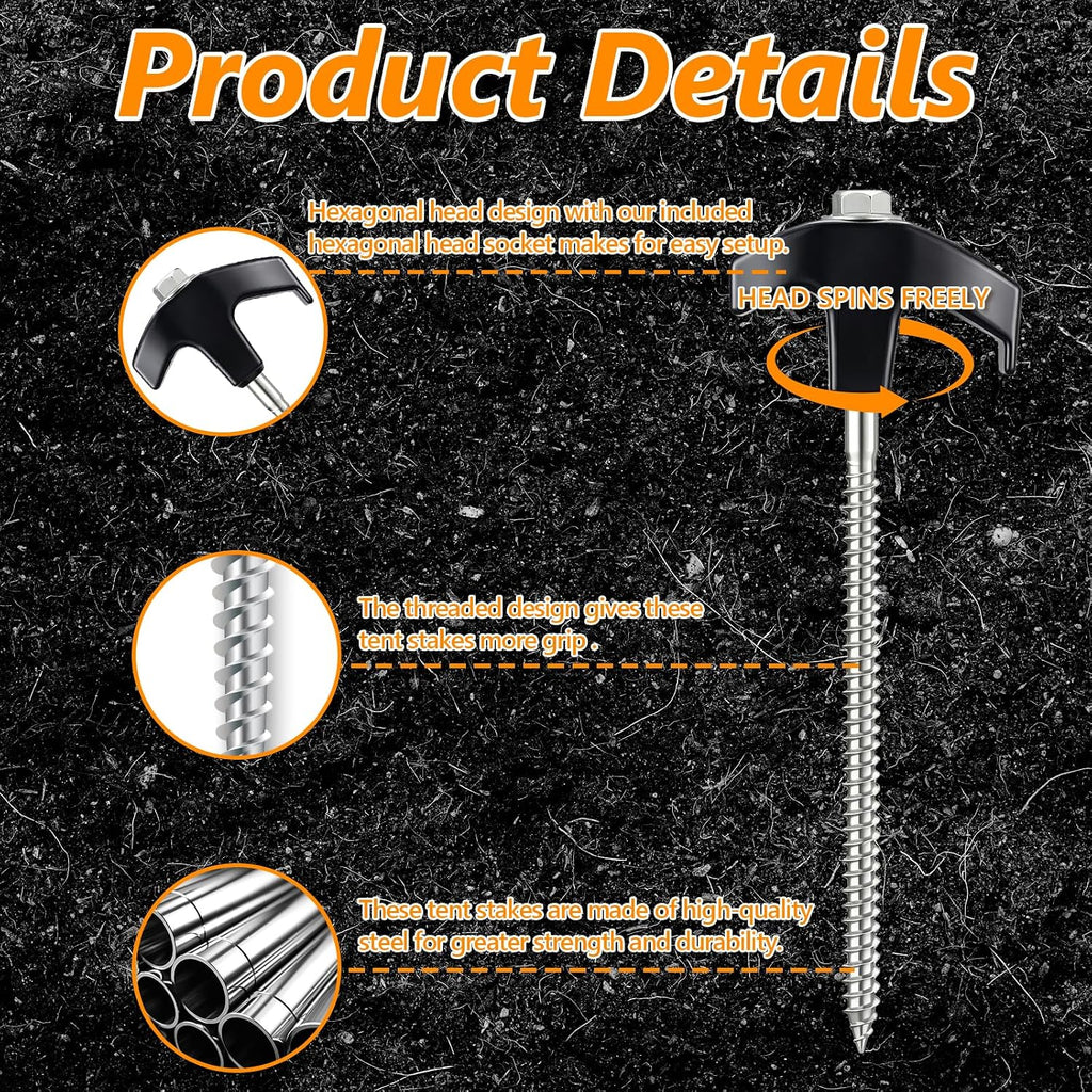 8" Heavy Duty Screw in Tent Stakes 12 Pack Drill in Ground Anchors