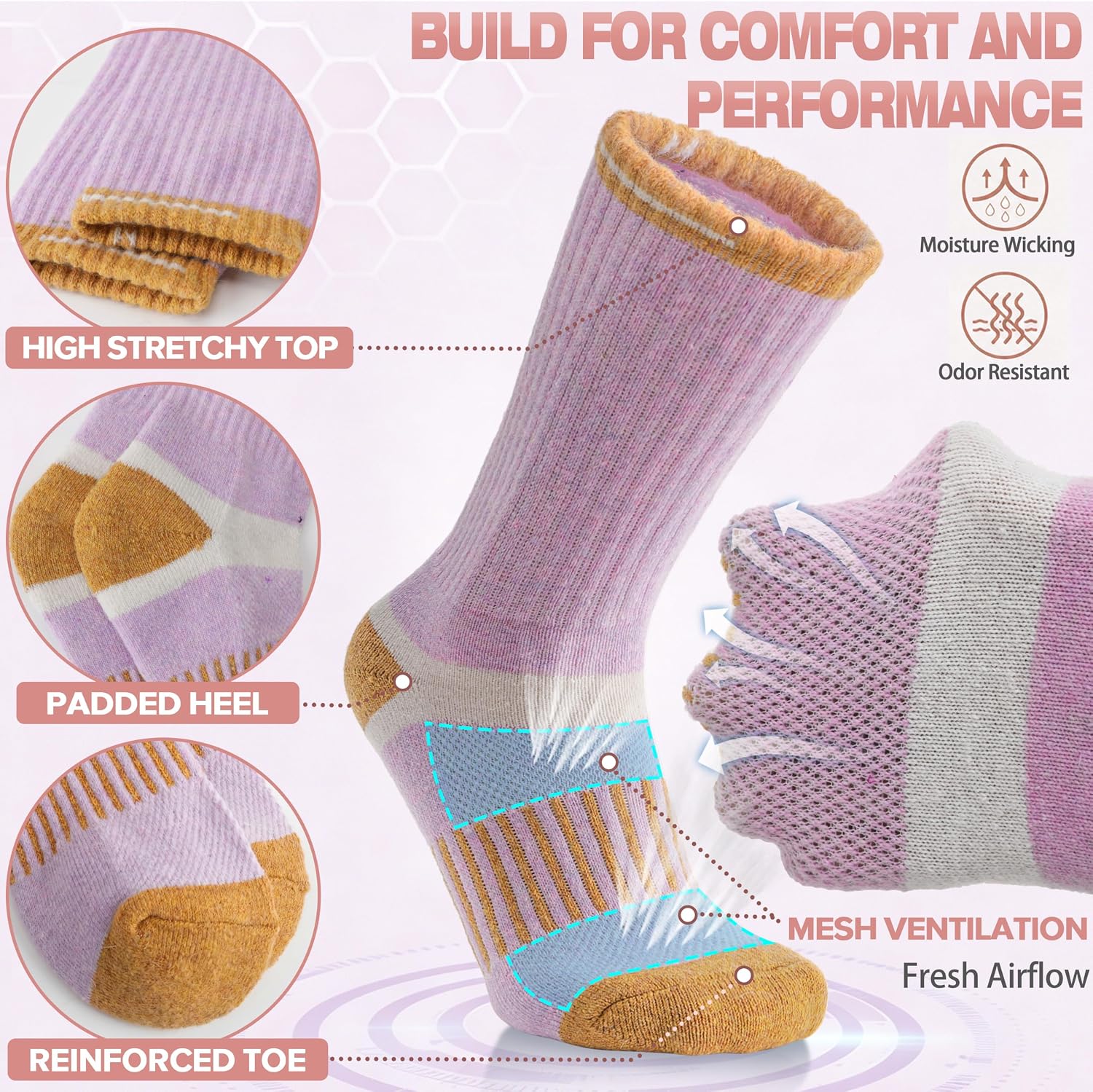 MOGGEI 5 Pairs Merino Wool Hiking Socks Warm Thermal Winter Cozy Cushioned Moisture Wicking Socks for Women & Men