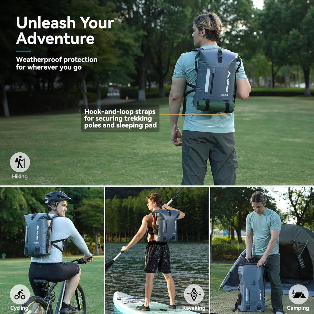 MARCHWAY Roll Top Waterproof Backpack, Floating Dry Bag 20L/30L/45L with Ergonomic Rectangular Base, Cushioned Back, Hip Strap for Hiking Camping Kayaking Travel (Grey, 20L)