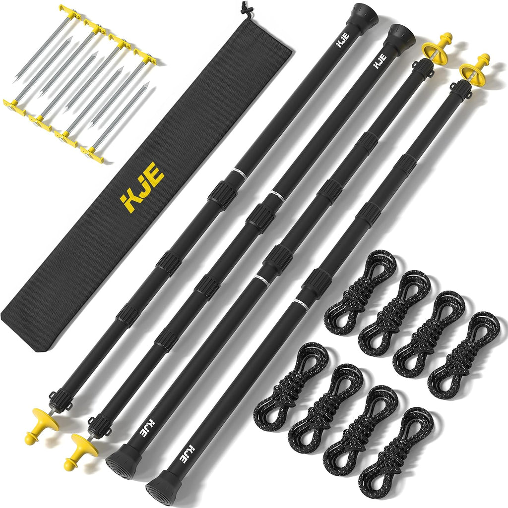 KJE 2 Pack Adjustable Heavy-Duty Tarp Poles, Camping Tent Poles Set with Ground Stakes & Guylines & Yellow Protection Caps, Aluminum Telescoping Pole(2.79ft to 8.5ft) for Outdoor Tarp Use