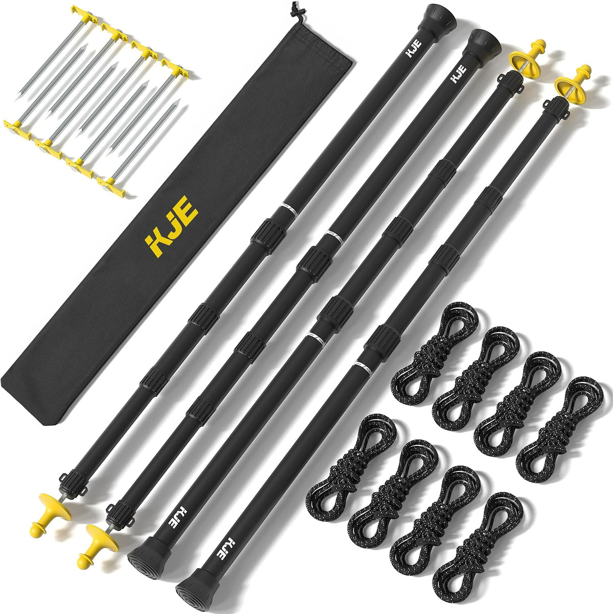 KJE 2 Pack Adjustable Heavy-Duty Tarp Poles, Camping Tent Poles Set with Ground Stakes & Guylines & Yellow Protection Caps, Aluminum Telescoping Pole(2.79ft to 8.5ft) for Outdoor Tarp Use