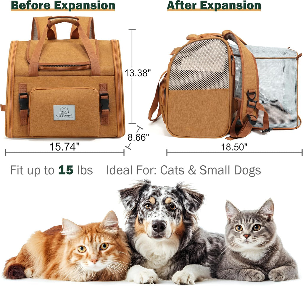 Cat Backpack Expandable, Cat Carrier for Travel & Hiking, Waterproof with Breathable Mesh, Durable Oxford Cloth, Airline Approved Pet Carrier,Use for Cats and Small Dogs (Brown)