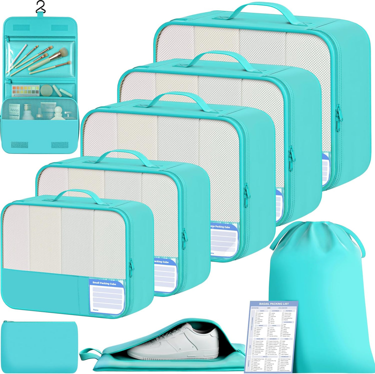 BAGAIL 9 Set Packing Cubes with Packing List Luggage Packing Organizers for Travel Accessories (Blue Green)
