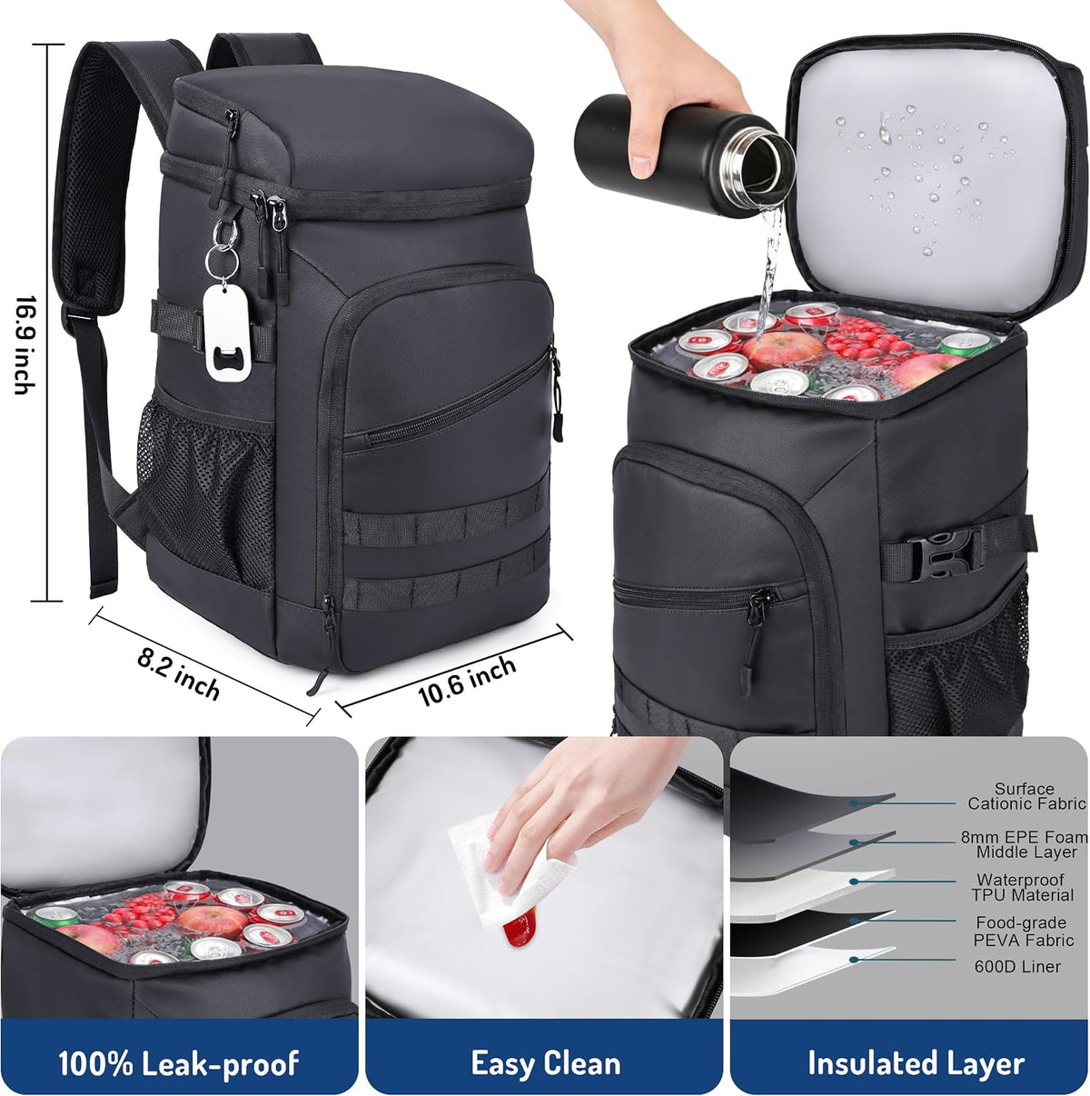 DEYACE Cooler Backpack, 33 Cans Tactical Inspired Backpack Cooler Insulated Leak Proof for Men & Women Portable 2 Leak Proof Compartments Coolers Bag for Beach Travel Picnic Lunch Hiking BBQ Camping
