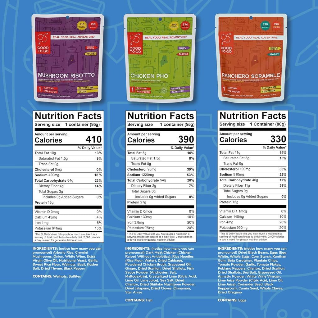 GOOD TO-GO Food Kit Assortments | Camping Food, Backpacking Food | Just Add Water Meals, Backpacking Meals | Dehydrated Meals Taste Better Than Freeze Dried Meals