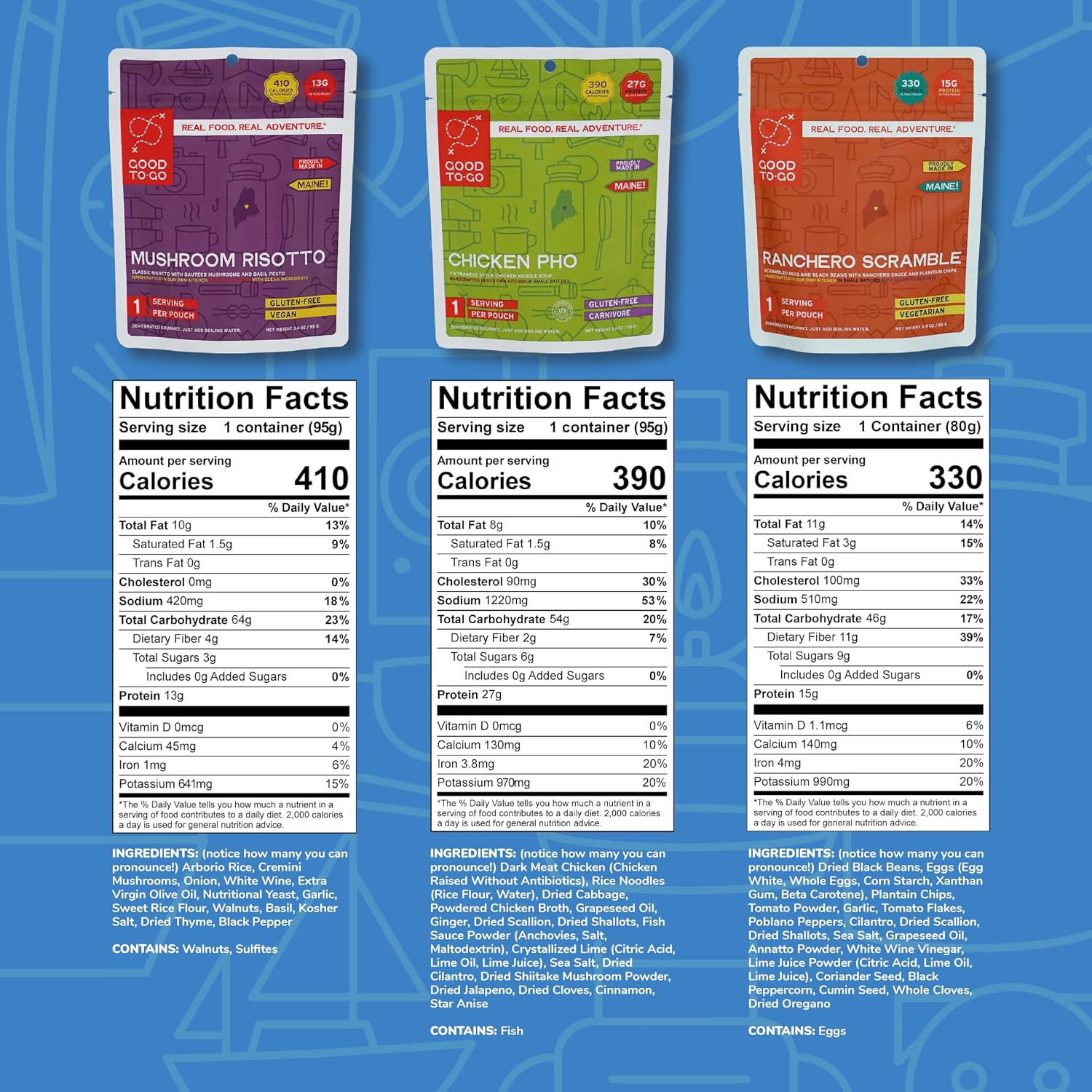 GOOD TO-GO Food Kit Assortments | Camping Food, Backpacking Food | Just Add Water Meals, Backpacking Meals | Dehydrated Meals Taste Better Than Freeze Dried Meals