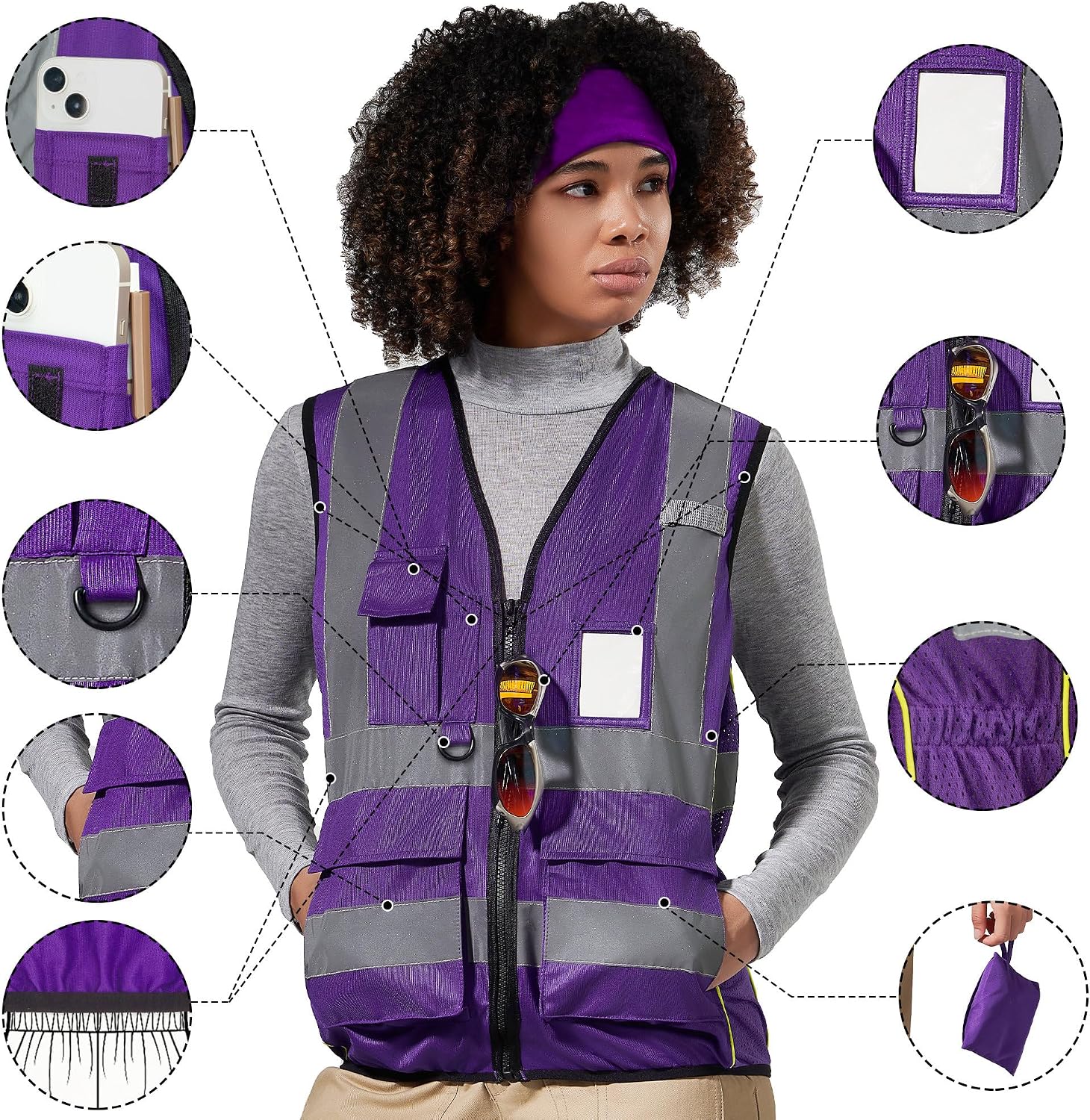 A-SAFETY High Vis Safety Vest for Women - Reflective Strips, Multi-Pockets, Zipper Closure