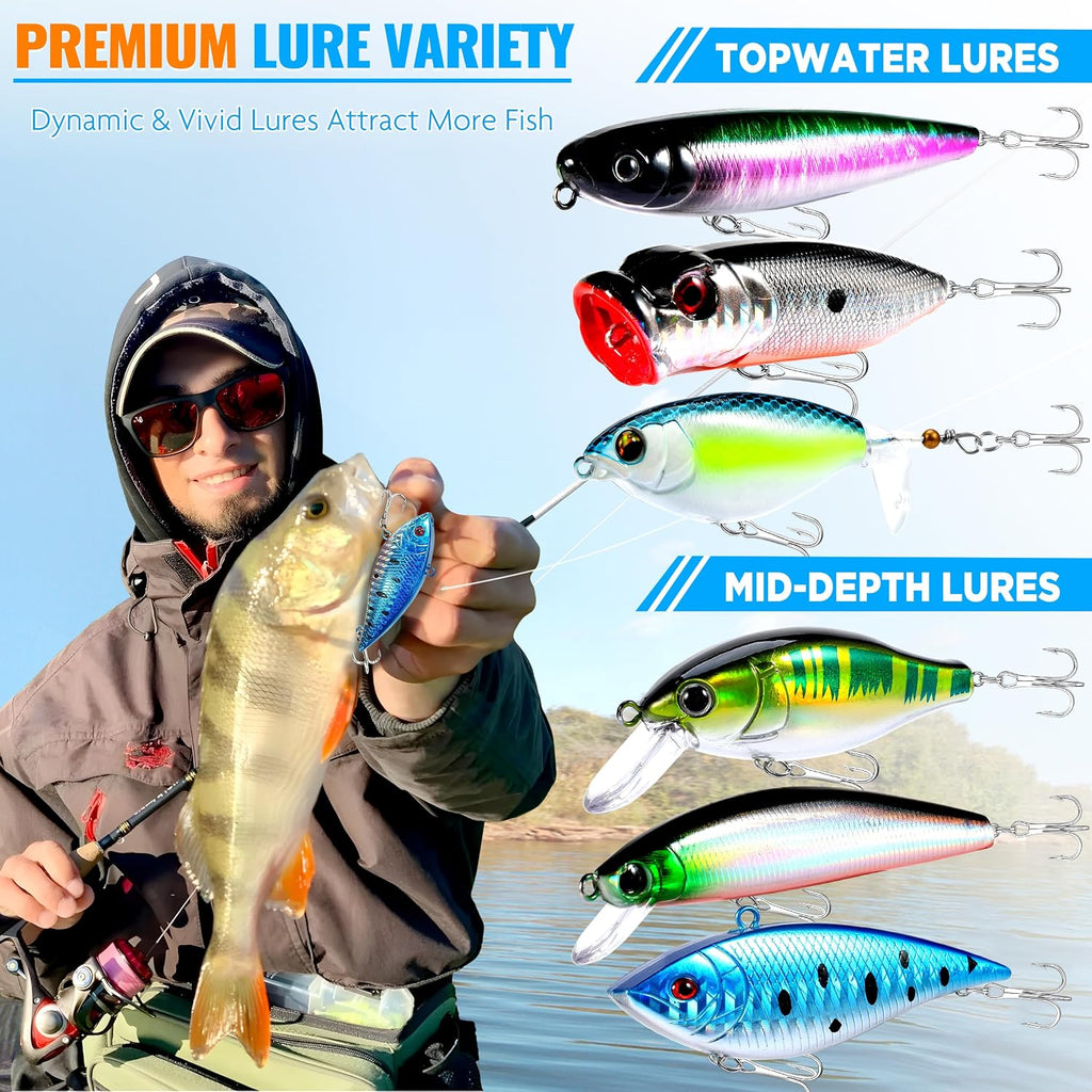 PLUSINNO Fishing Lures Fishing Tackle Box Fishing Gifts for Men, Bass, Trout Fishing Accessories Kit for Saltwater & Freshwater Fishing Gear Including Topwater Lures, Hooks, Spinnerbaits