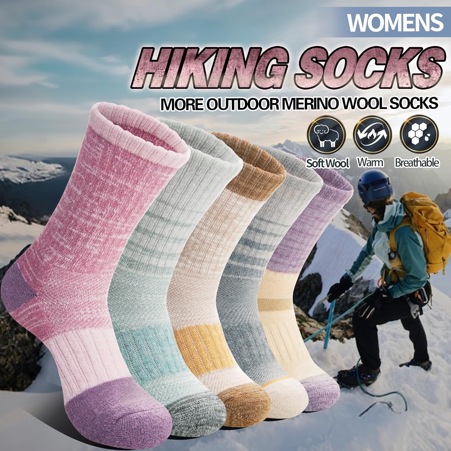 Anlisim Merino Wool Hiking Running Socks for Women, Boot Work Crew Socks