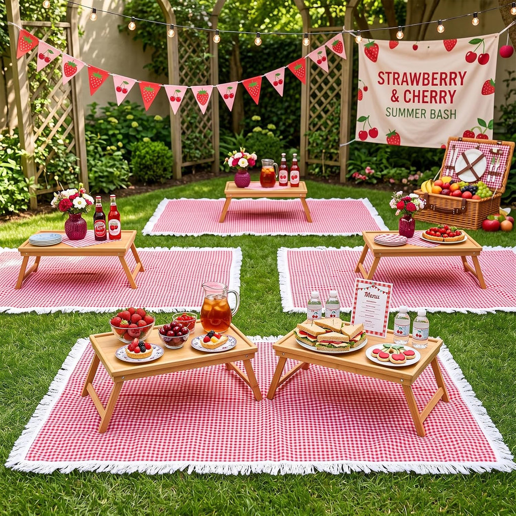Frienda 6 Pcs Large Red Gingham Outdoor Picnic Blanket Boho 59 x 36 Inch