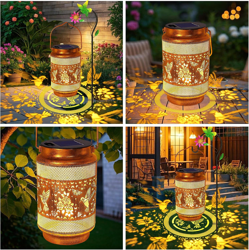 2 Pack Hummingbird Solar Lanterns Outdoor Waterproof Solar Garden Decor, Birthday Gifts for Women Mom Grandma, Metal Hanging Lights with Shepherd Hook for Yard Patio Pathway Backyard Porch