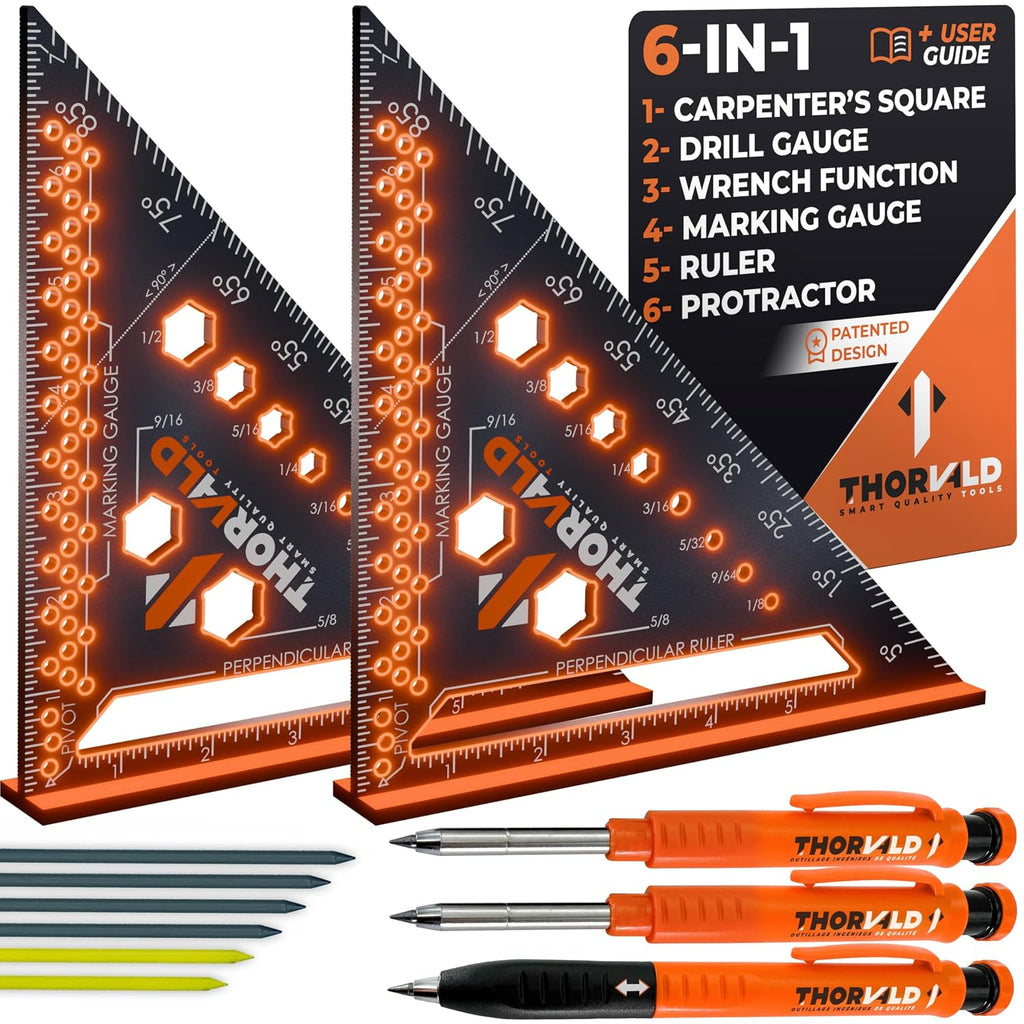 THORVALD 6-in-1 Carpenter Square 7 inch (1/16" Precision) T Square Multi-Purpose Carpenter Tools : Wrench, Square, Protractor, Ruler, Marking Gauge, Drill Gauge, Includes 2-in-1 Carpentry Pencil