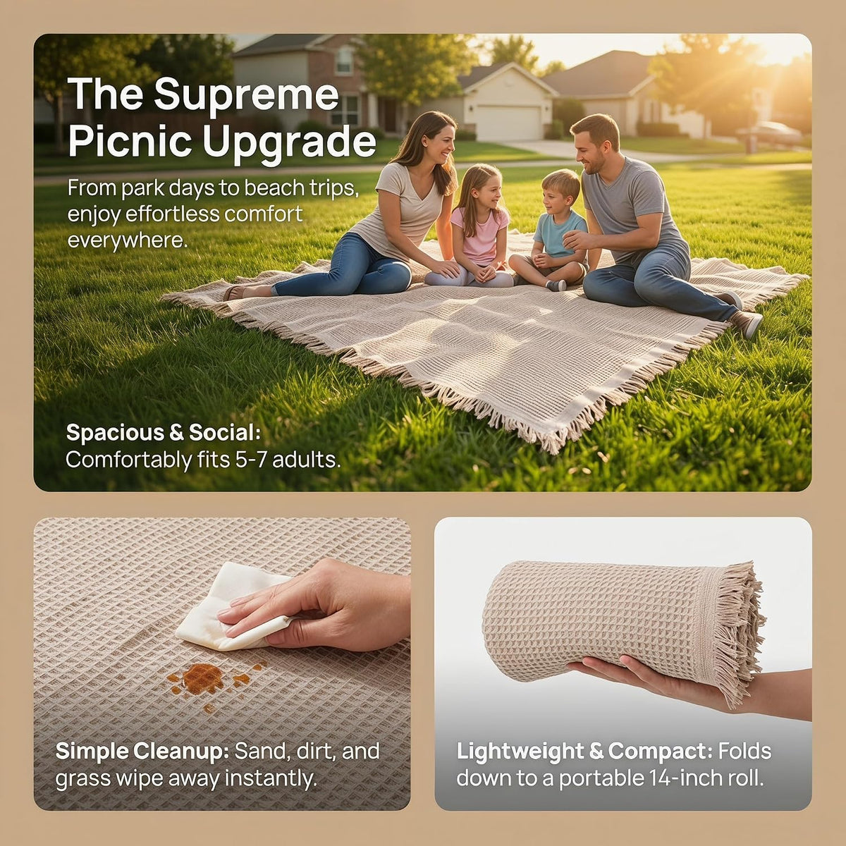 70"x 70" Picnic Blanket Extra Large,Layer Outdoor Blanket for 5 to 7 Adults,Camping Grass Lawn Park Accessories Cute Couple Gifts Ideas Wedding Registry for Park, Beach (Khaki)