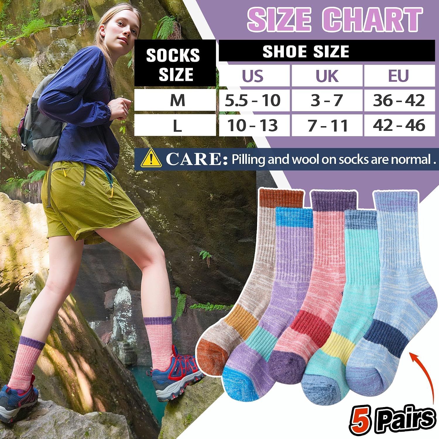 Merino Wool Hiking Socks Thermal Warm Winter Cozy Cushioned Moisture Wicking Crew Socks for Women 5 Pairs