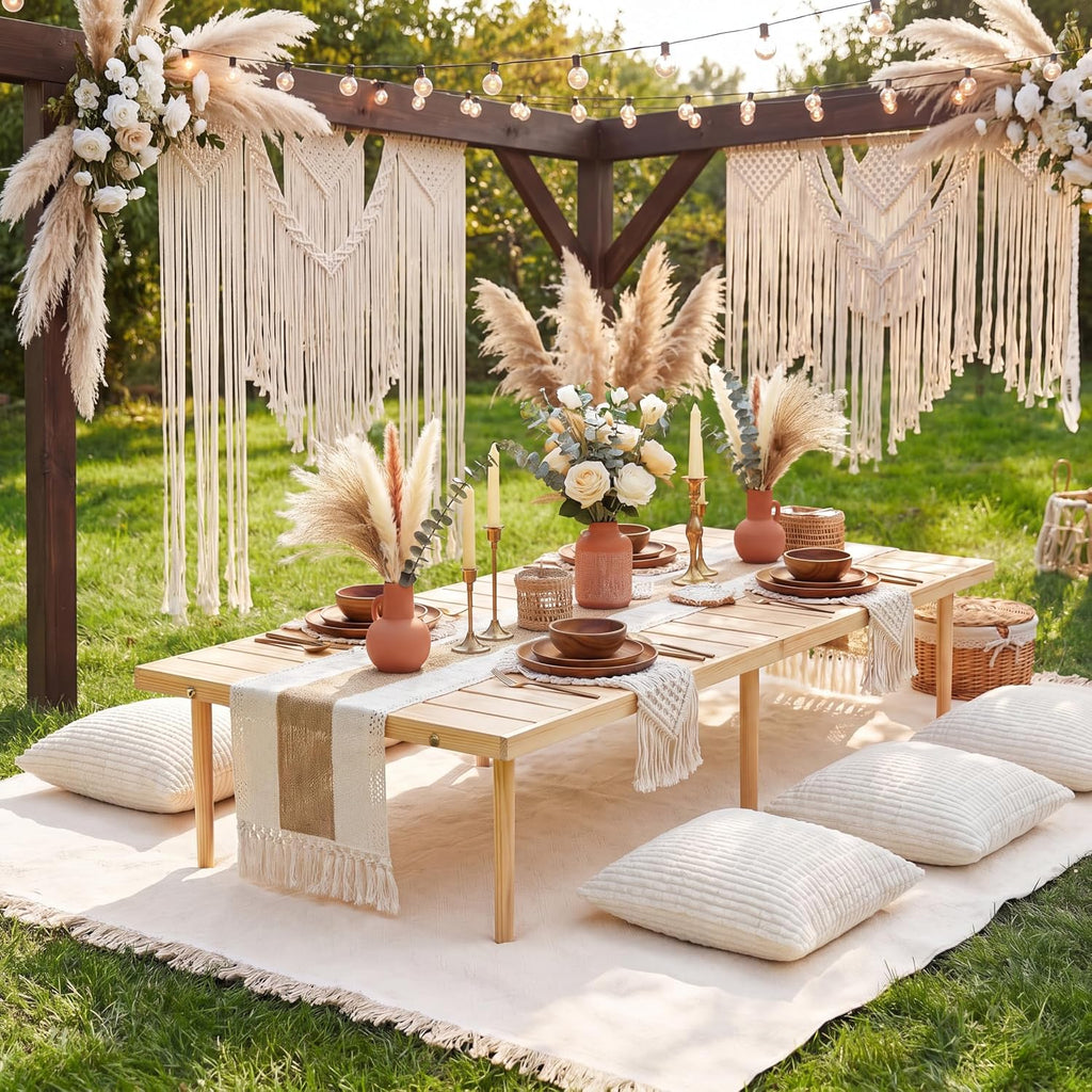 Beeveer 8 Pcs Cream White Picnic Kit, 91x71'' Extra Large Outdoor Boho Picnic Blanket, Low Table Runner, 6 Throw Pillow Cover, Woven Cotton Yarn Oversize Washable Beach Blanket for Camp Wedding Garden