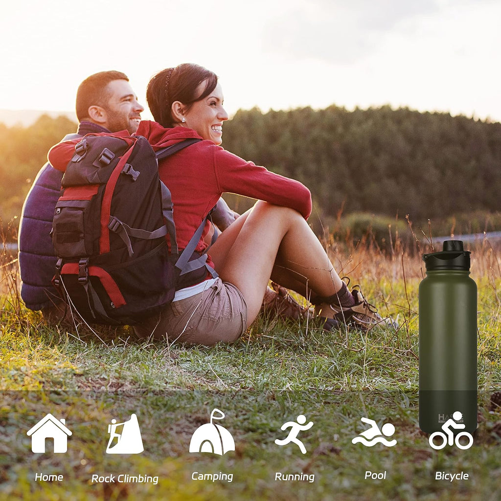 HASLE OUTFITTERS 40oz Stainless Steel Water Bottle, Vacuum Insulated Double Walled Leak Proof Sports Water Bottle with 2 Lids (Straw and Spout Lid) Thermo Mug Keep Cold and Hot(Army Green,4)
