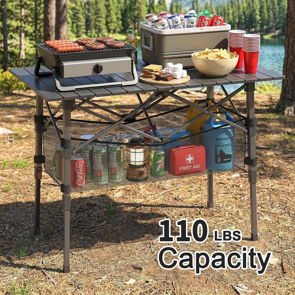 Portable Camping Table with Adjustable Height Legs, Lightweight Aluminum Roll-up beach tables for sand foldable，Folding Picnic Table Large Storage Basket for Outdoor camping (Black, Medium 37")