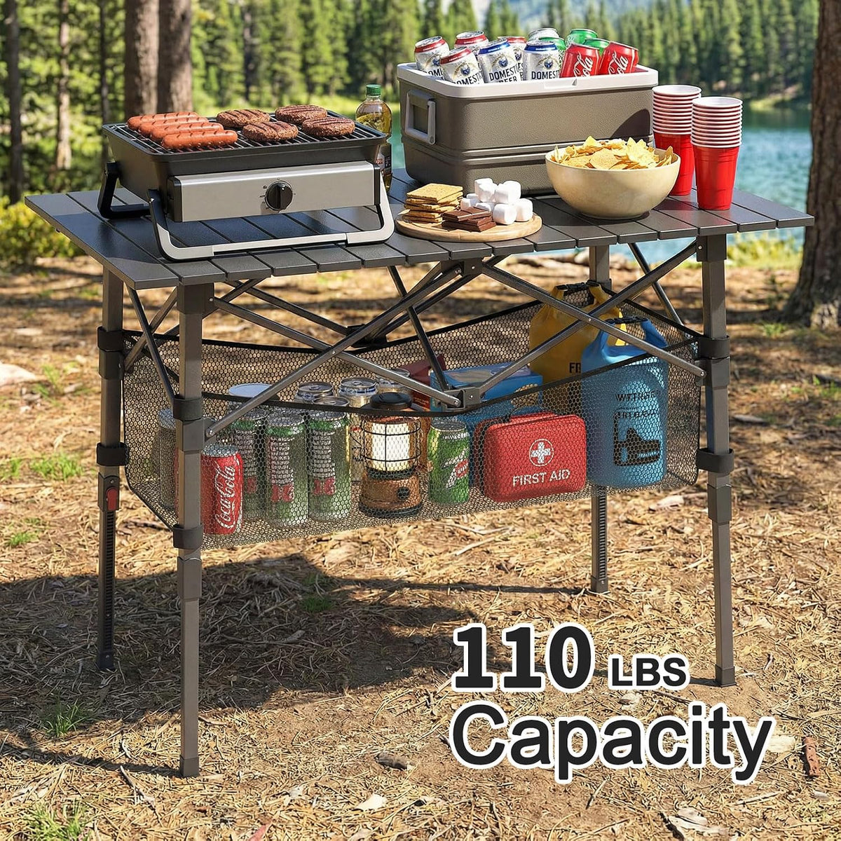 Portable Camping Table with Adjustable Height Legs, Lightweight Aluminum Roll-up beach tables for sand foldable，Folding Picnic Table Large Storage Basket for Outdoor camping (Black, Medium 37")