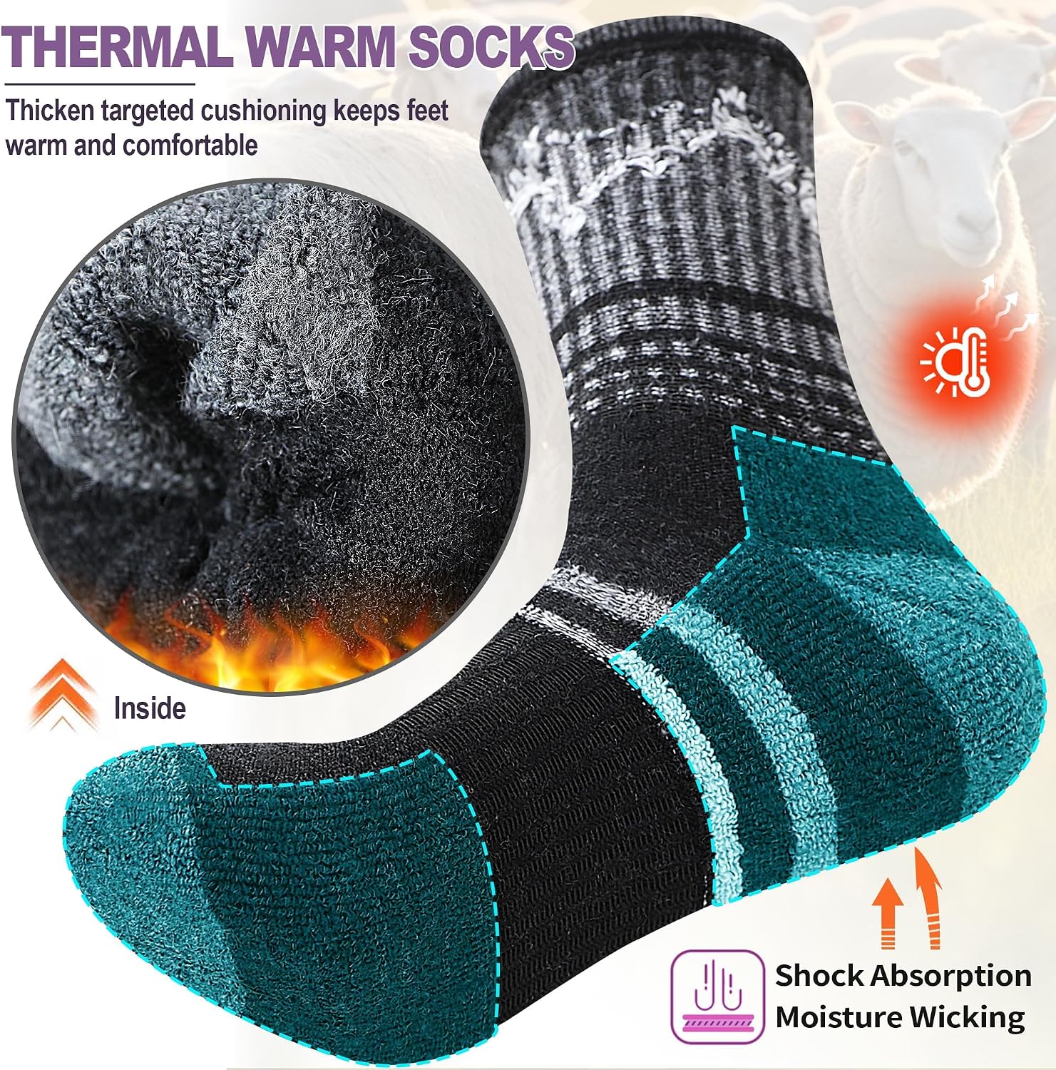 Sandsuced Merino Wool Hiking Warm Socks Thermal Winter Cozy Crew with Cushioned Sole & Moisture Wicking 5 Pairs for Women