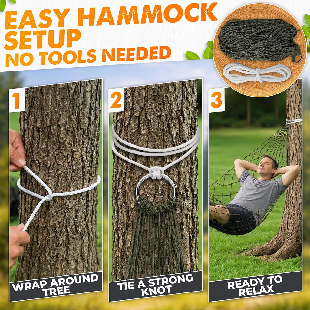 Mesh Hammock, Net Hammock for Outside Camping, 220 lb, Dark Green