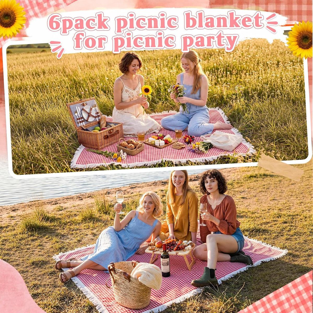 Frienda 6 Pcs Large Red Gingham Outdoor Picnic Blanket Boho 59 x 36 Inch