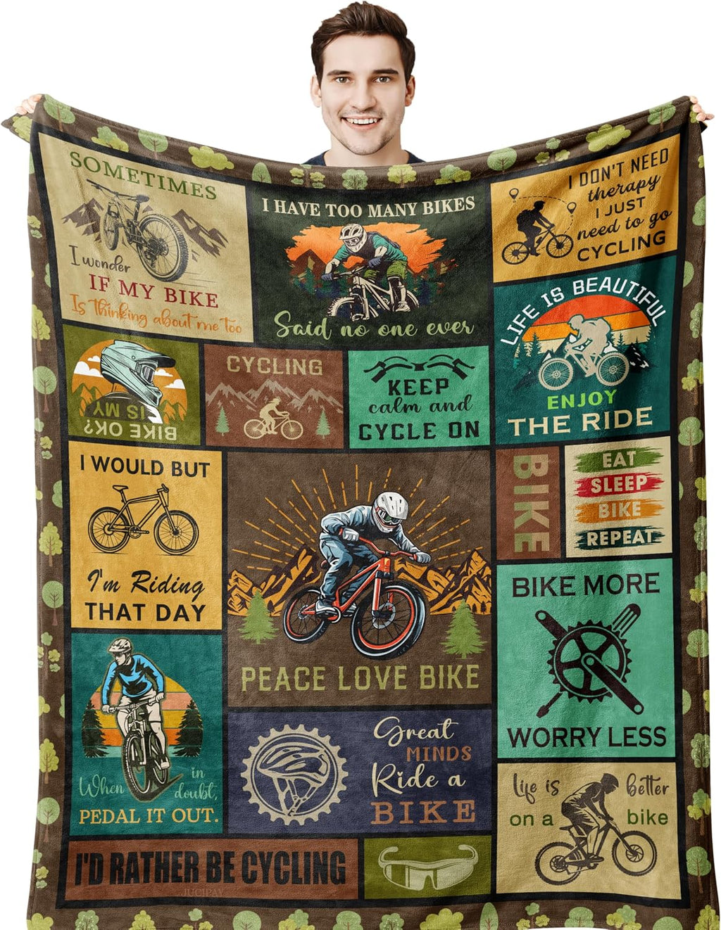 Bicycle Enthusiast Gift, Mountain Biking Blanket Throw 60"x50" for Men/Riders/Cyclists, Bike Themed Decorations