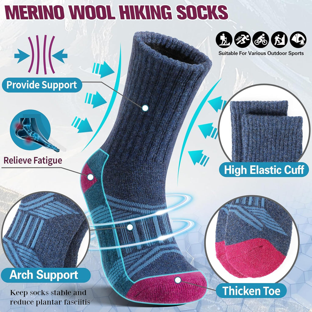 EBMORE 5 Pairs Womens Merino Wool Hiking Socks Thermal Warm Winter Boot Crew Cushion Work Gift Socks