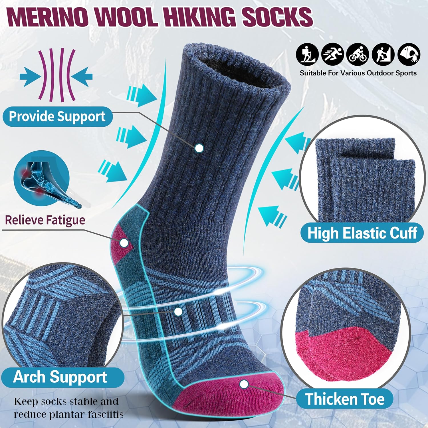 EBMORE 5 Pairs Womens Merino Wool Hiking Socks Thermal Warm Winter Boot Crew Cushion Work Gift Socks