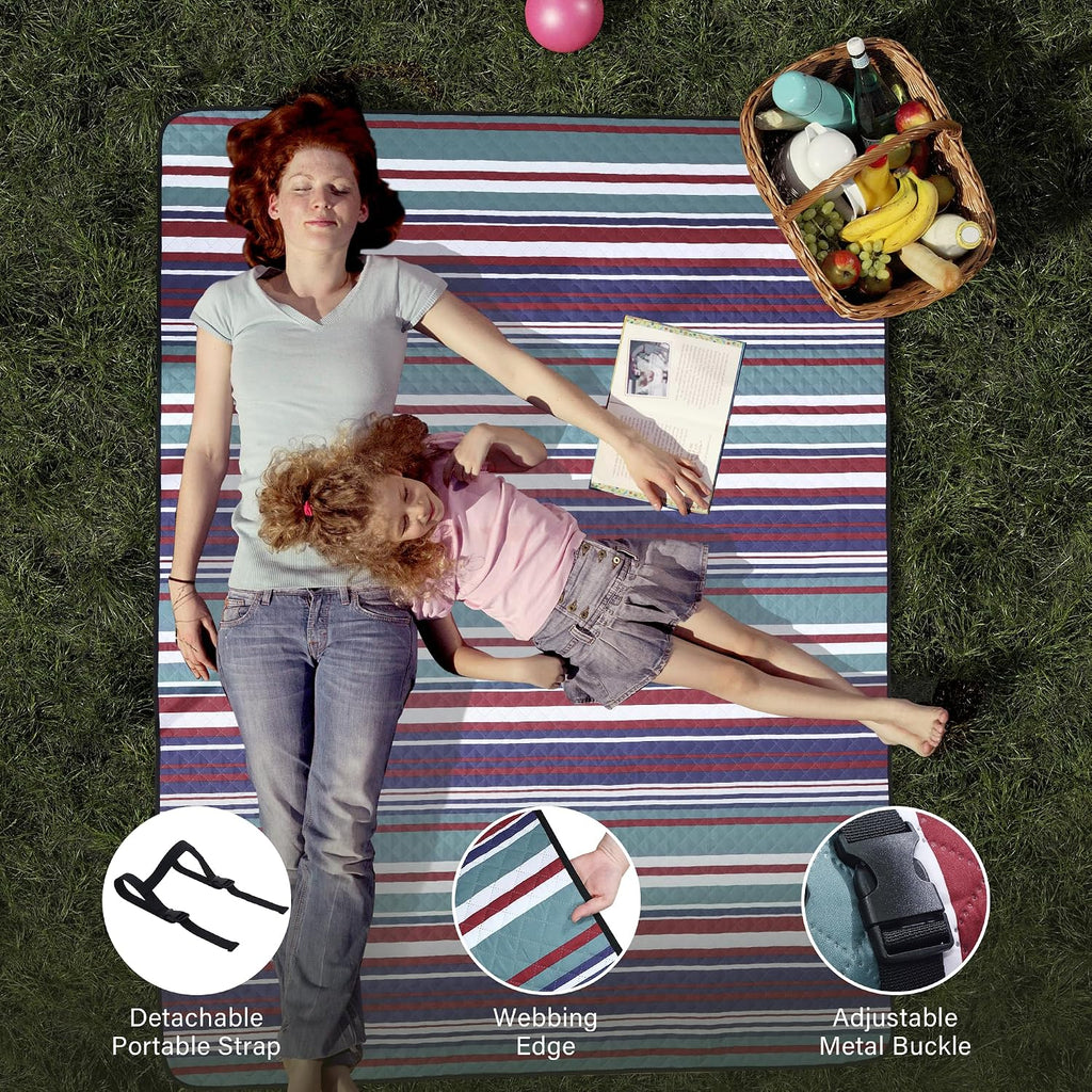 HX&OD Large Picnic Blanket Outdoor 80”x60” Waterproof Picnic Mat Foldable 3-Layer Camping Blanket Portable with Carry Strap Park Blanket for Grass(Red)