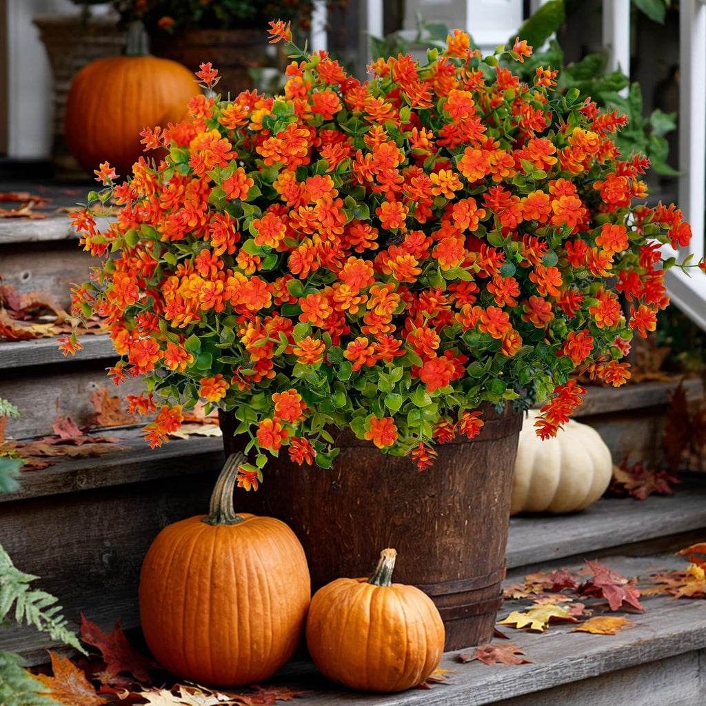 AXYLEX Artificial Mums for Outdoors, Fake Fall Flowers (Red Orange)