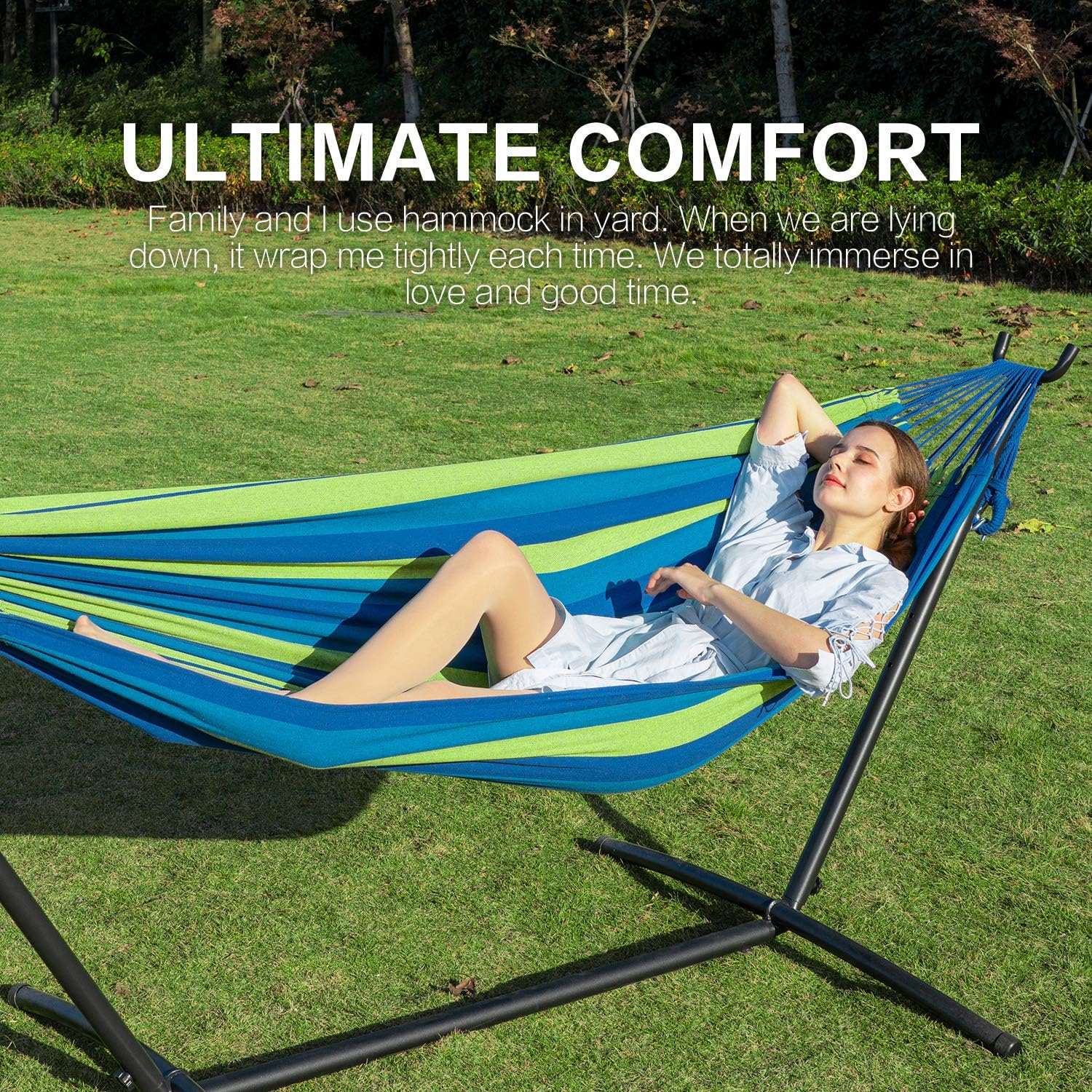 PNAEUT Double Hammock with Stand for Outside, Heavy-Duty, Portable (Blue)