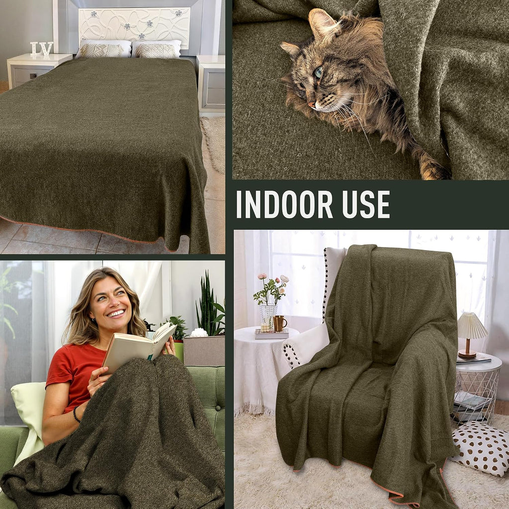 Large Military Wool Blanket - Warm & Thick Emergency Survival Blanket Great for Camping, Outdoors, Sports Events, Picnics, 4.5 lbs, 64" x 88" (Olive Green)