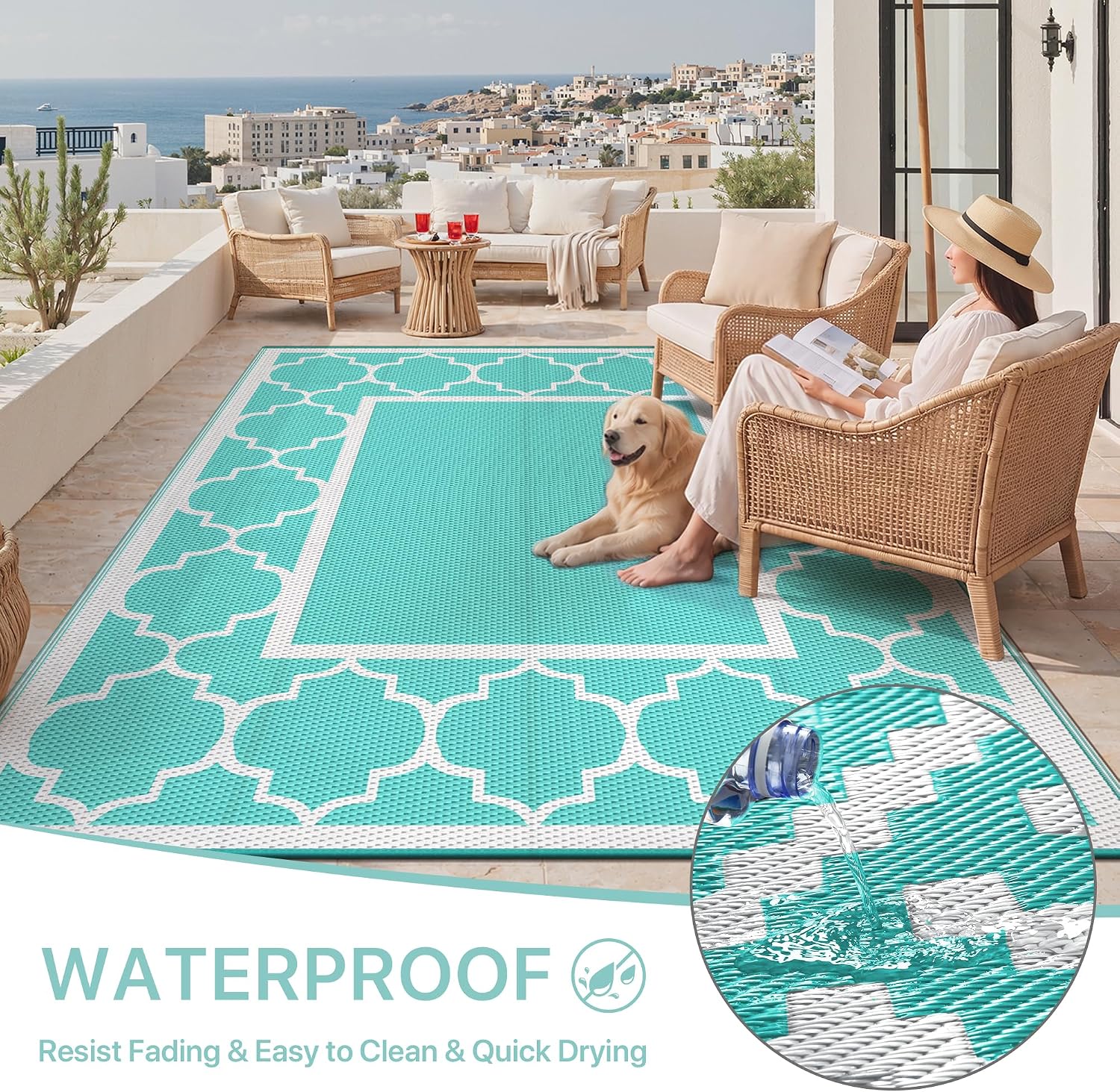 GENIMO Outdoor Rug, Waterproof Plastic Rugs for Patio, 8'x10' Aqua Blue
