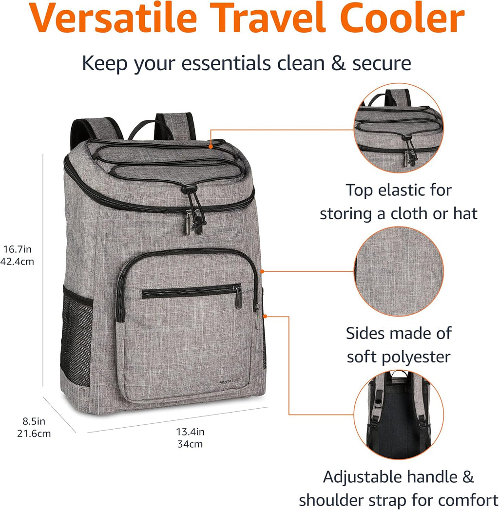 Amazon Basics Insulated Cooler Backpack for Camping and Hiking, Portable Soft Sided Cooler with 30 Can Capacity, Leak-Proof, Water-Resistant, Gray