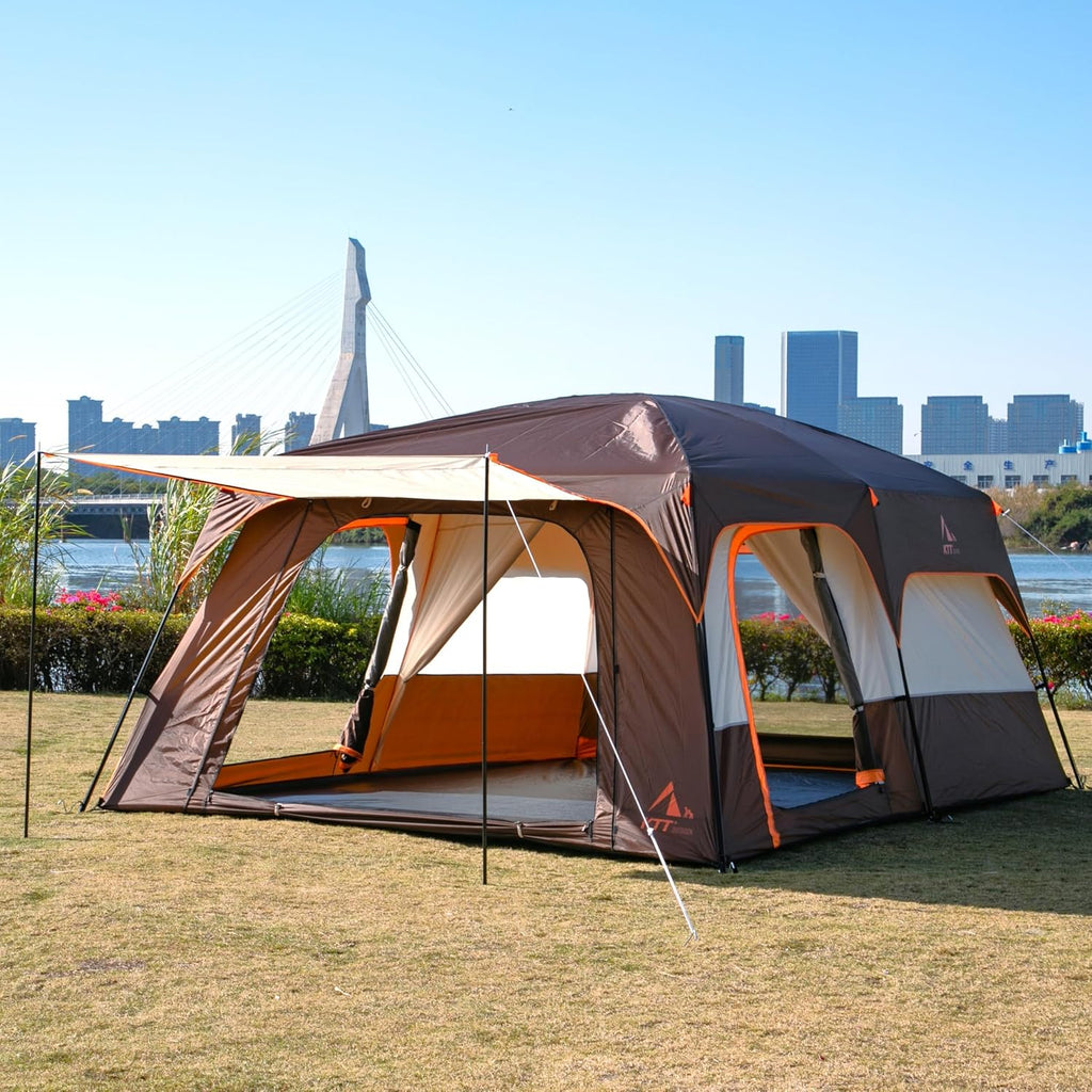 KTT Extra Large Tent 8-10-12-14 Person(A),Family Cabin Tents,2 Rooms,3 Doors and 3 Windows with Mesh,Straight Wall,Waterproof,Double Layer,Big Tent for Outdoor,Picnic,Camping,Family Gathering