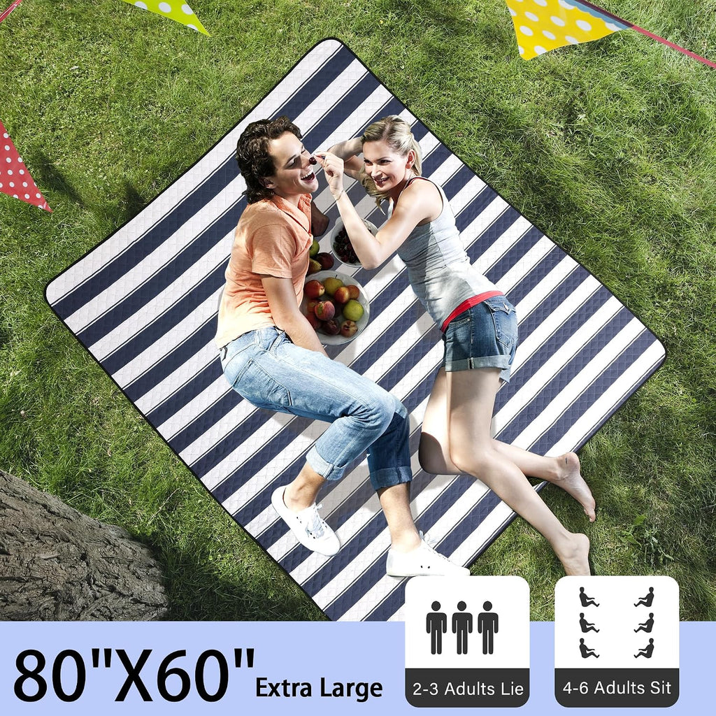 HX&OD Outdoor Picnic Blanket Extra Large, 80”x60” Waterproof Picnic Mat Foldable Camping Blanket Portable with Carry Strap for Beach Mat (Bule)
