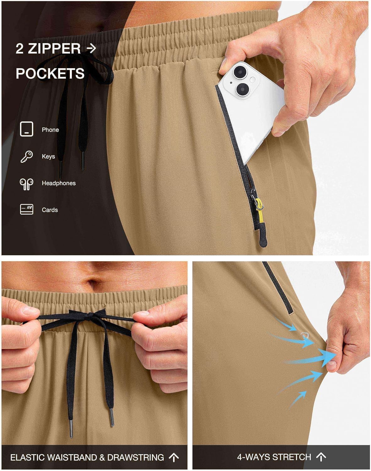 Pudolla Men's Lightweight Hiking Pants Quick Dry Outdoor Sweatpants with Zipper Pockets for Athletic Workout Casual Travel