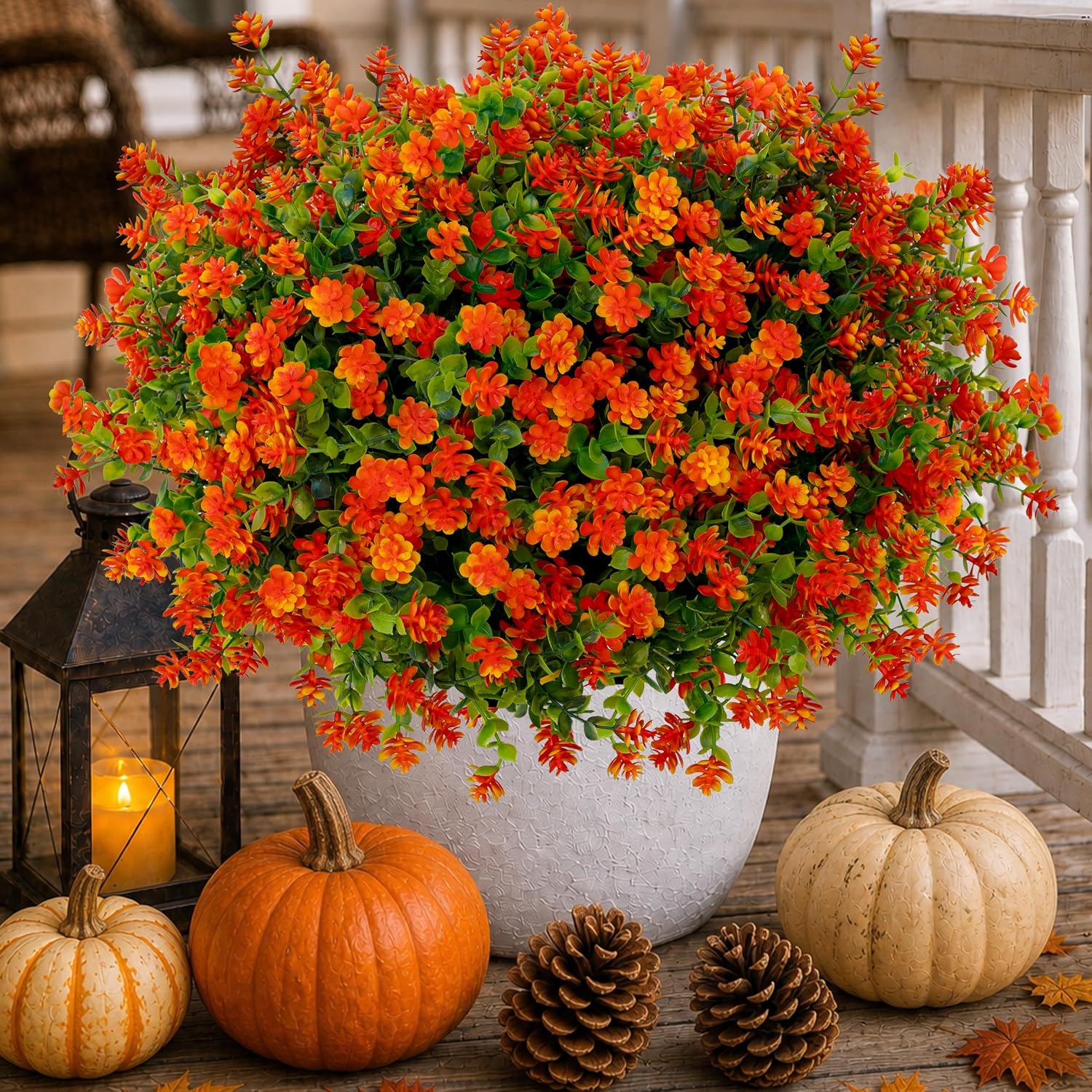 AXYLEX Artificial Mums for Outdoors, Fake Fall Flowers (Red Orange)