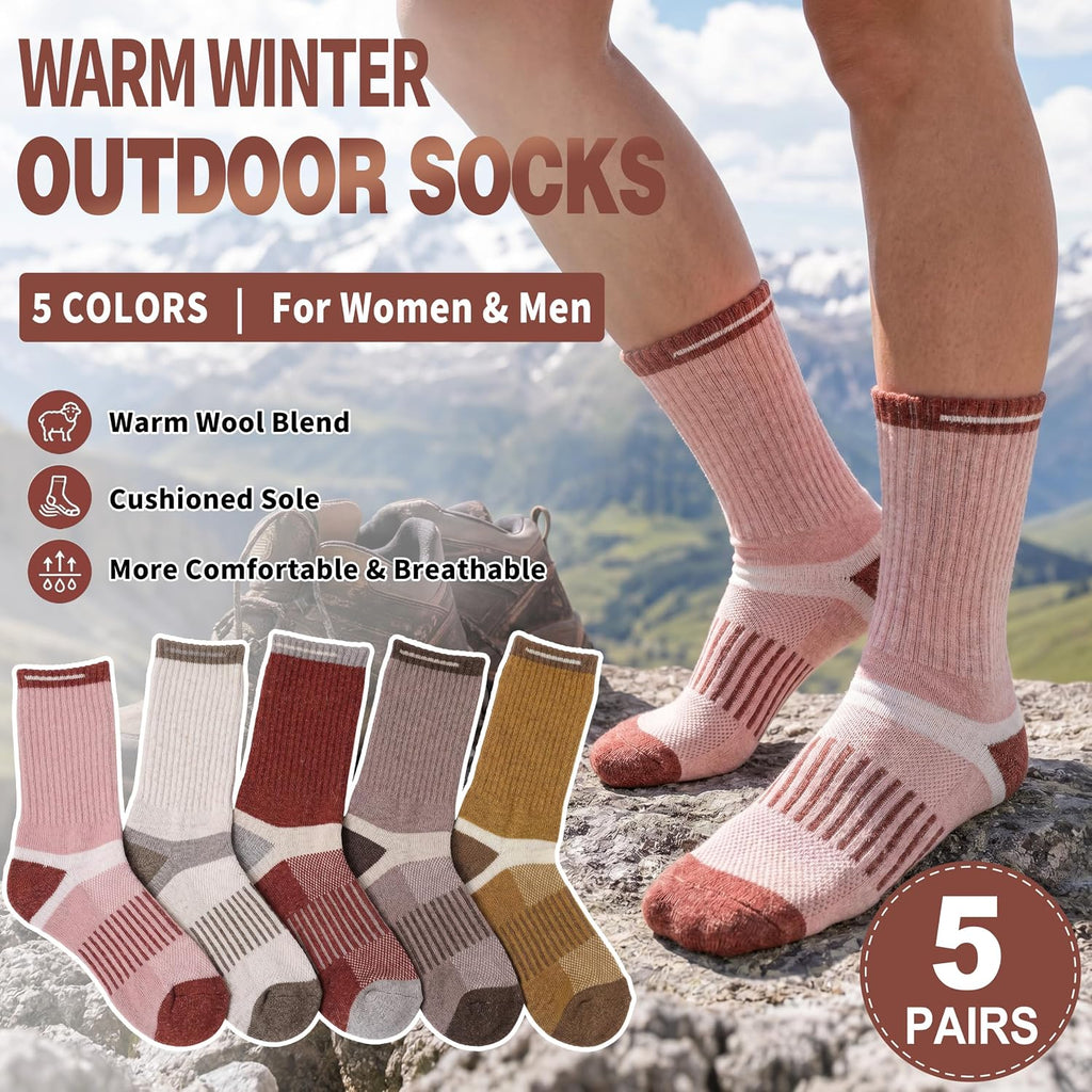 MOGGEI 5 Pairs Merino Wool Hiking Socks Warm Thermal Winter Cozy Cushioned Moisture Wicking Socks for Women & Men