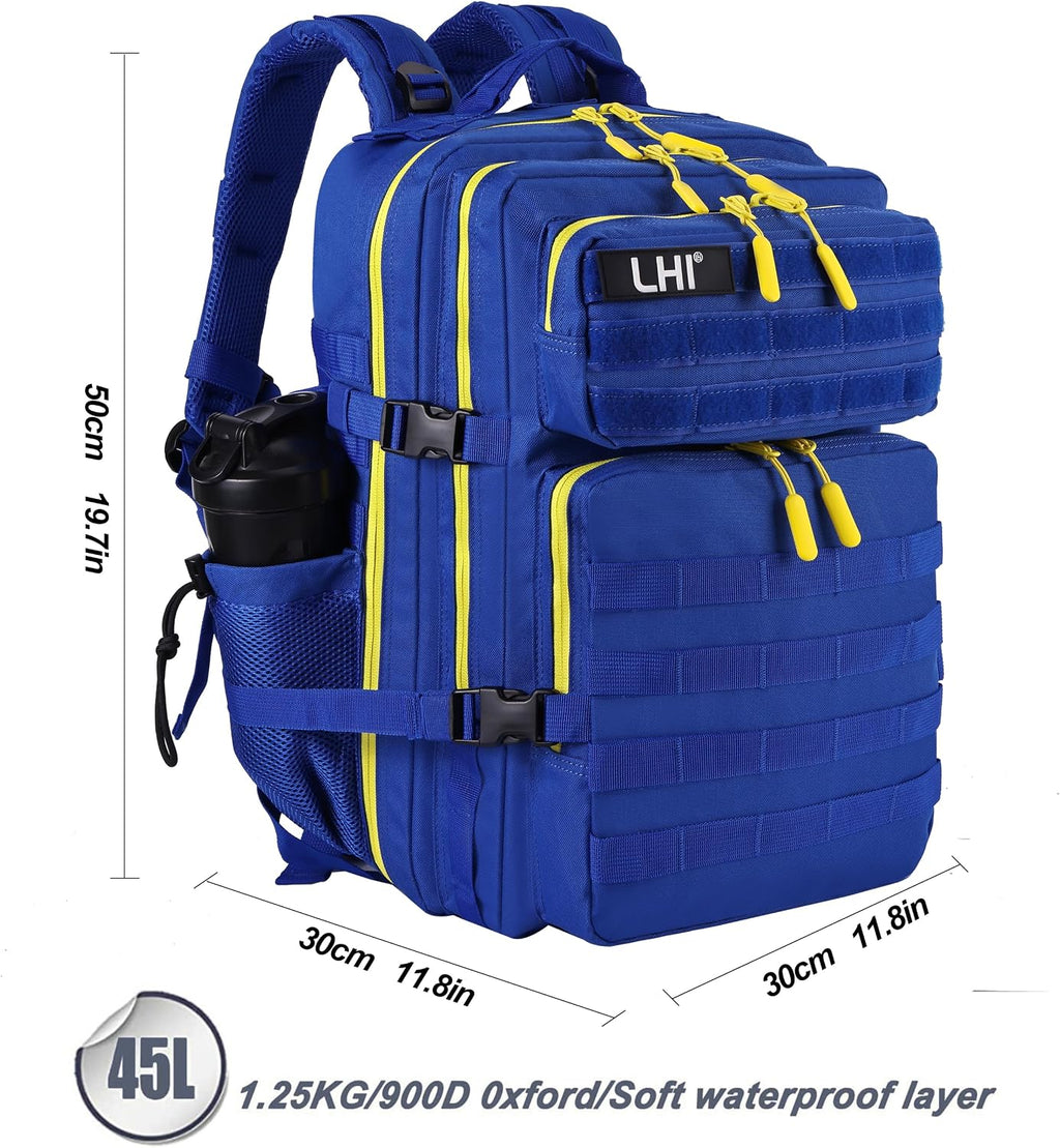 LHI Military Tactical Backpack for Men and Women 45L Army 3 Days Assault Pack Bag Large Rucksack with Molle System Blue Yellow
