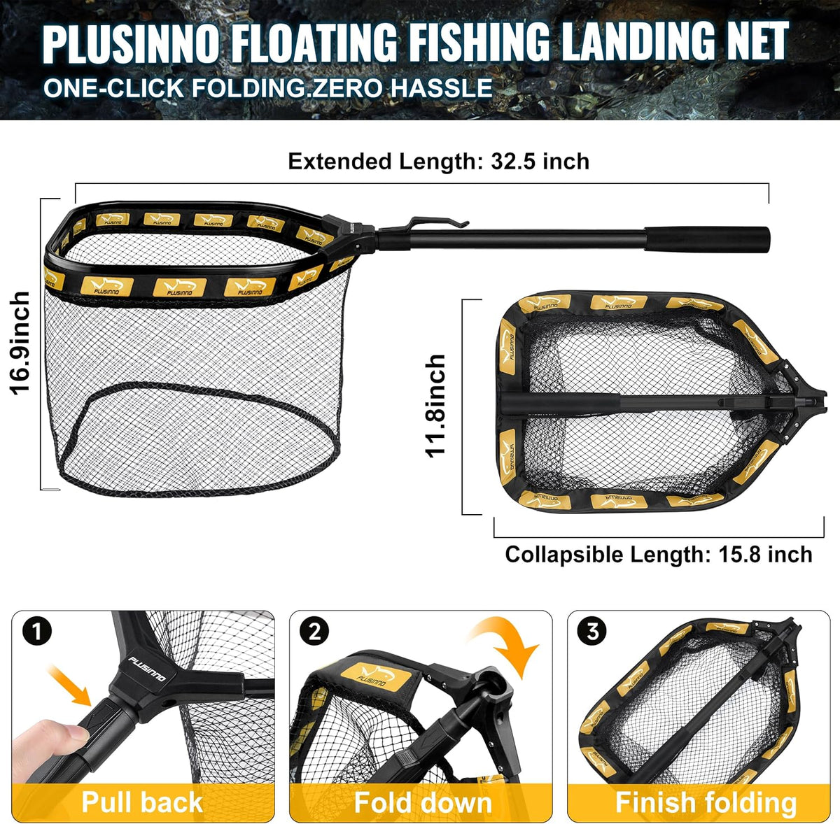 PLUSINNO Fishing Backpack with Fishing Net, Tackle Bag for Fishing Gear