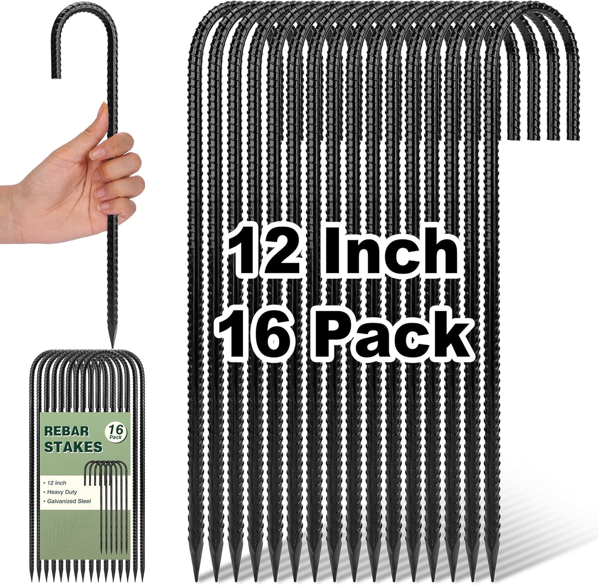 CEWOR 16 Pack Rebar Stakes, 12 Inch J Hook Tent Stakes Heavy Duty