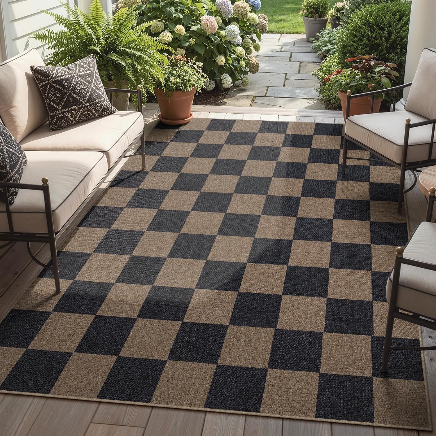 Lahome Checkered Easy Jute Living Room Rugs, 5x7 Outdoor Patio Rug Washable
